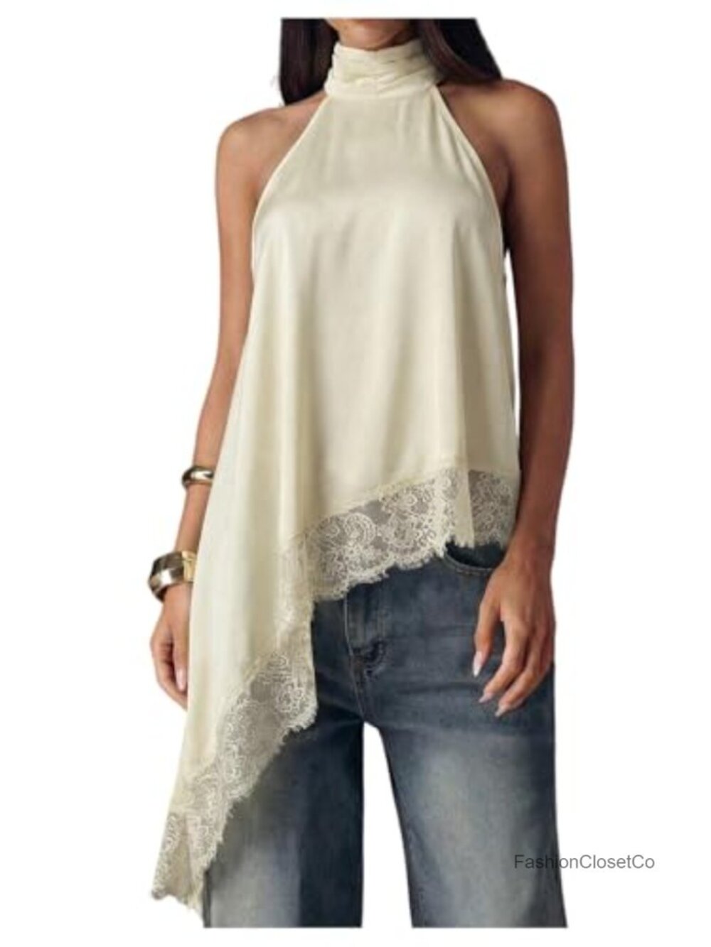 Women's Halter Neck Lace Tank Top Sleeveless Asymmetric Hem